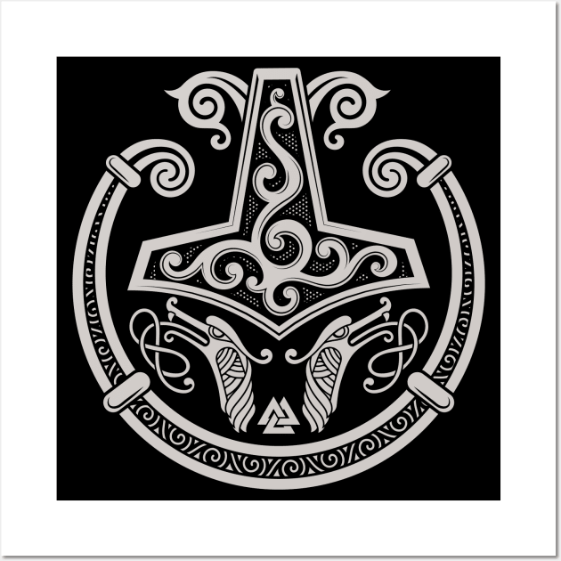 Thors Hammer Mjolnir Norse Pagan Viking Torc Grey Wall Art by Blue Pagan